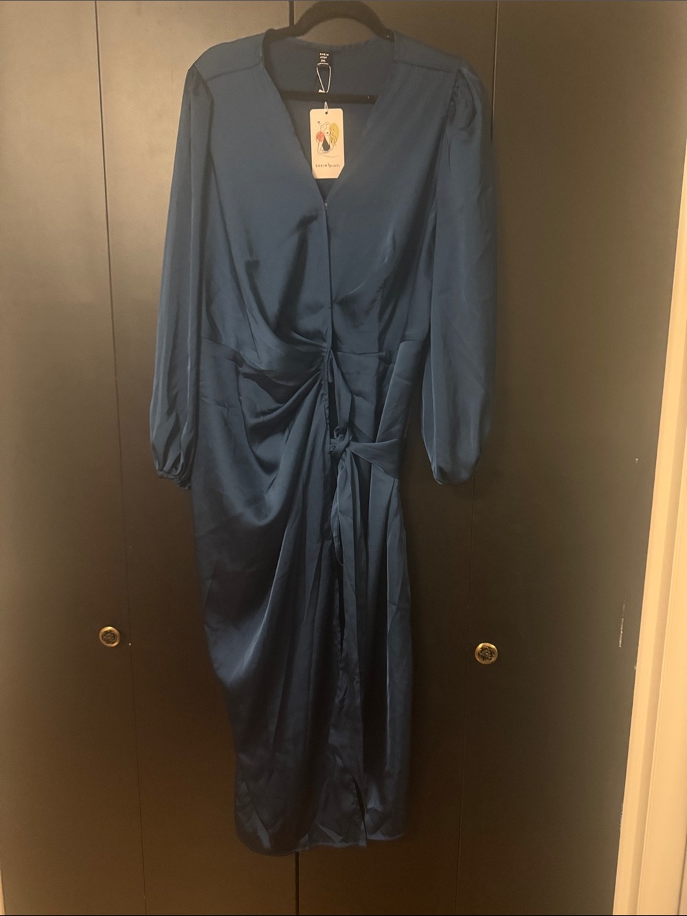 SHEIN Deep Blue Satin Long Sleeve Wrap Dress